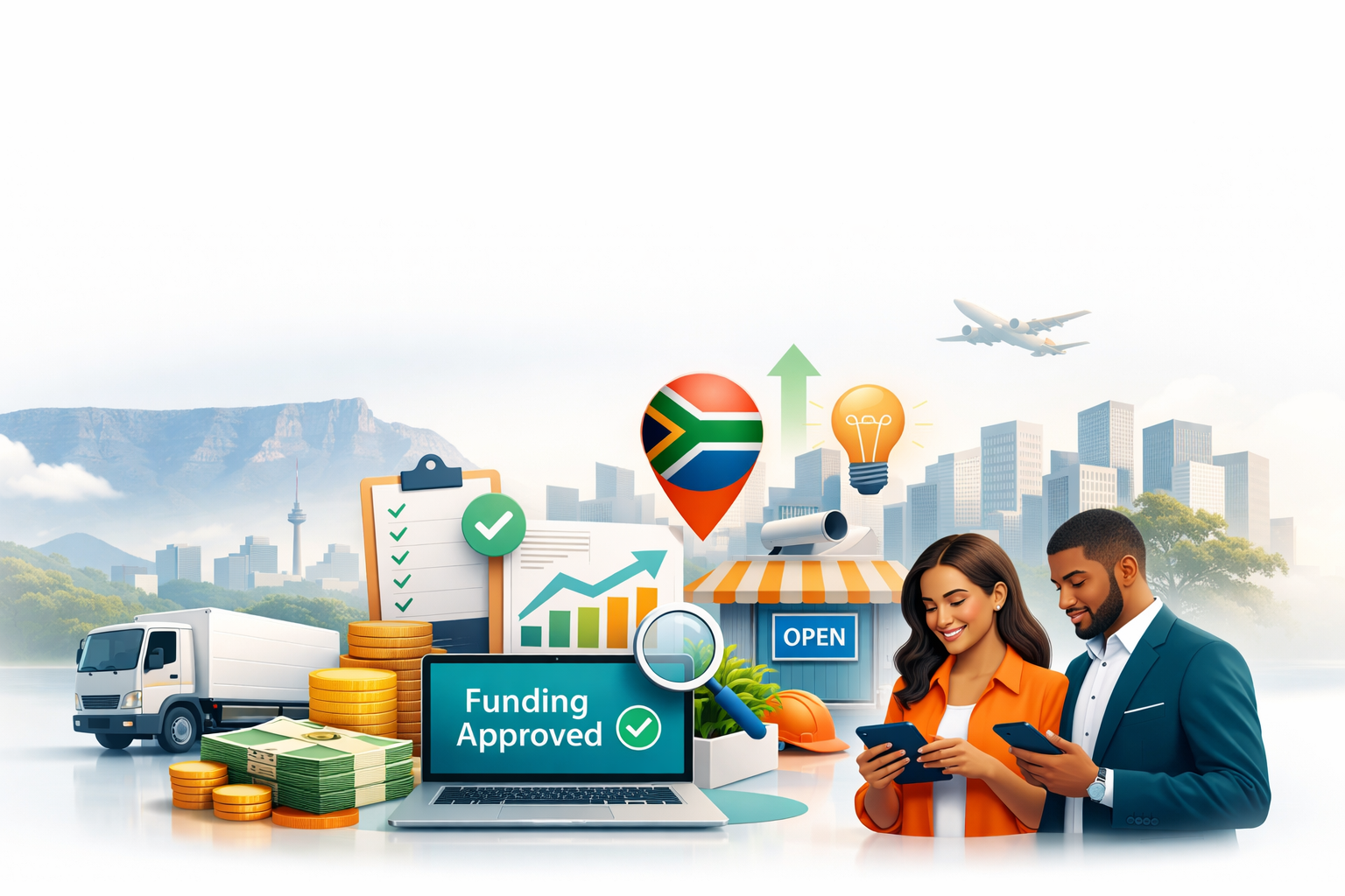 Apple‑style South African business funding hero image with Cape Town skyline, fintech icons, and a top white fade.